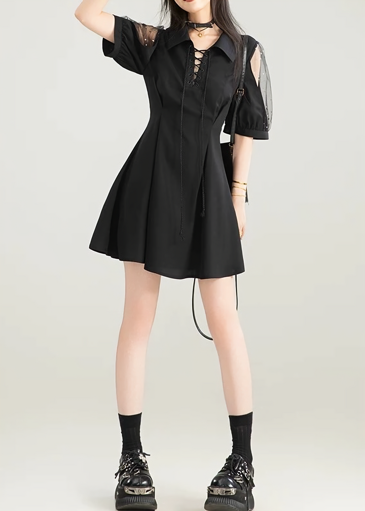 PEARL SHEER SLEEVE LACE-UP DRESS / LG1599