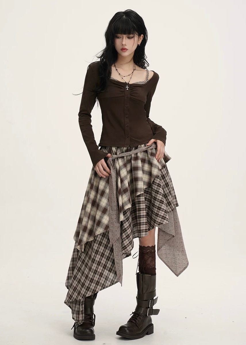 MIX CHECK LAYERED ASYMMETRY SKIRT / LG1540