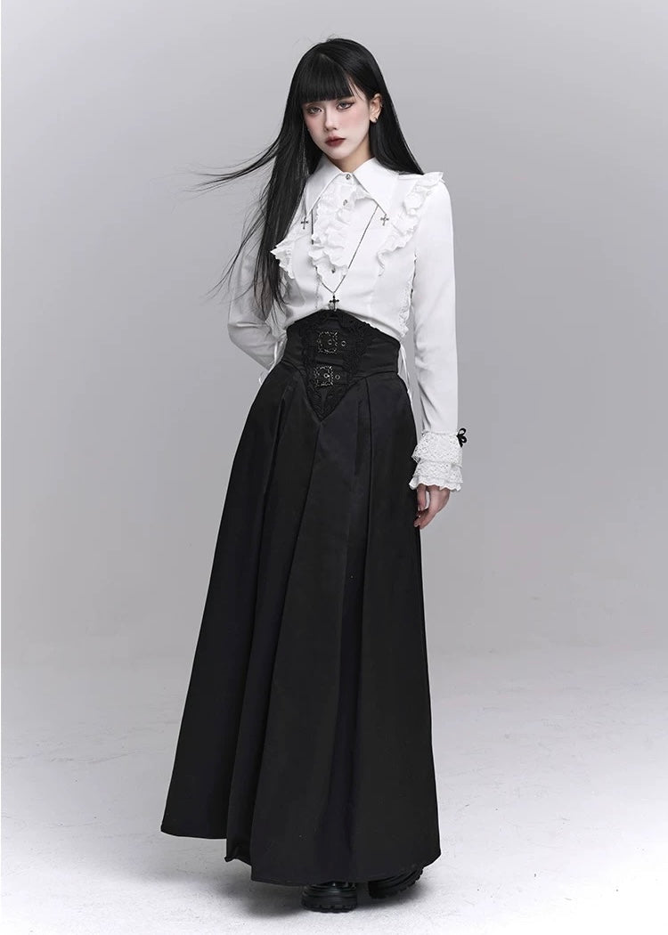 frill blouse & high waist pleated long skirt / LG1224