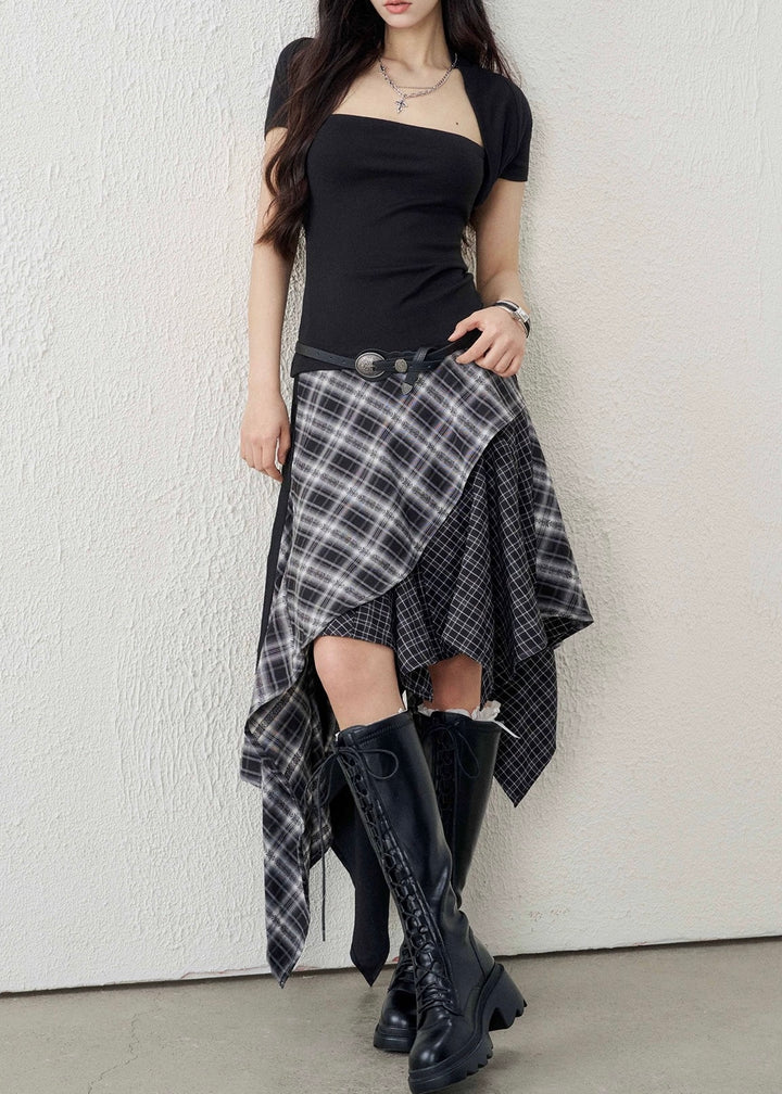ASYMMETRY CHECK DRAPE SKIRT / LG1593