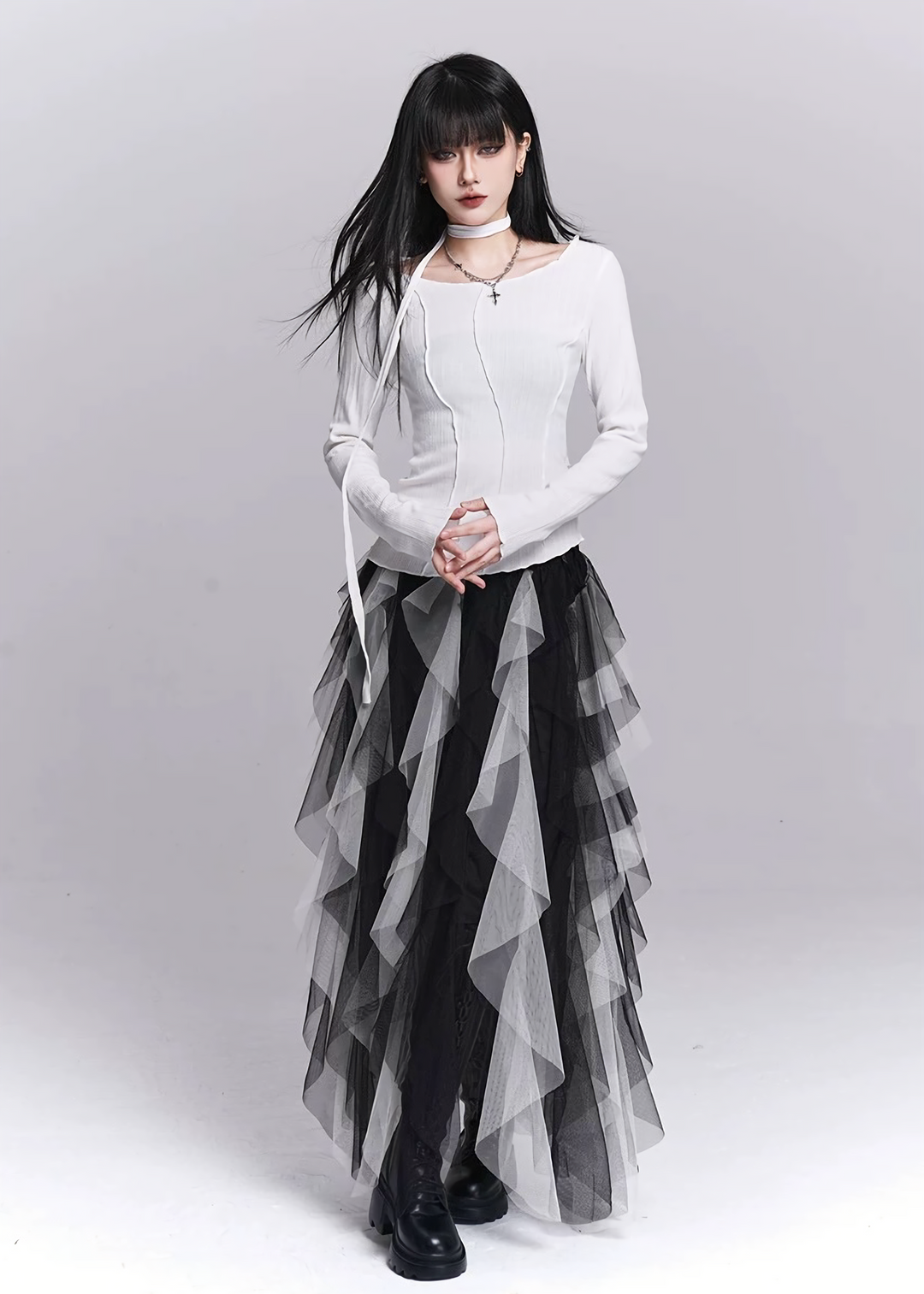 IRREGULAR MESH LAYERED LONG SKIRT / LG1542