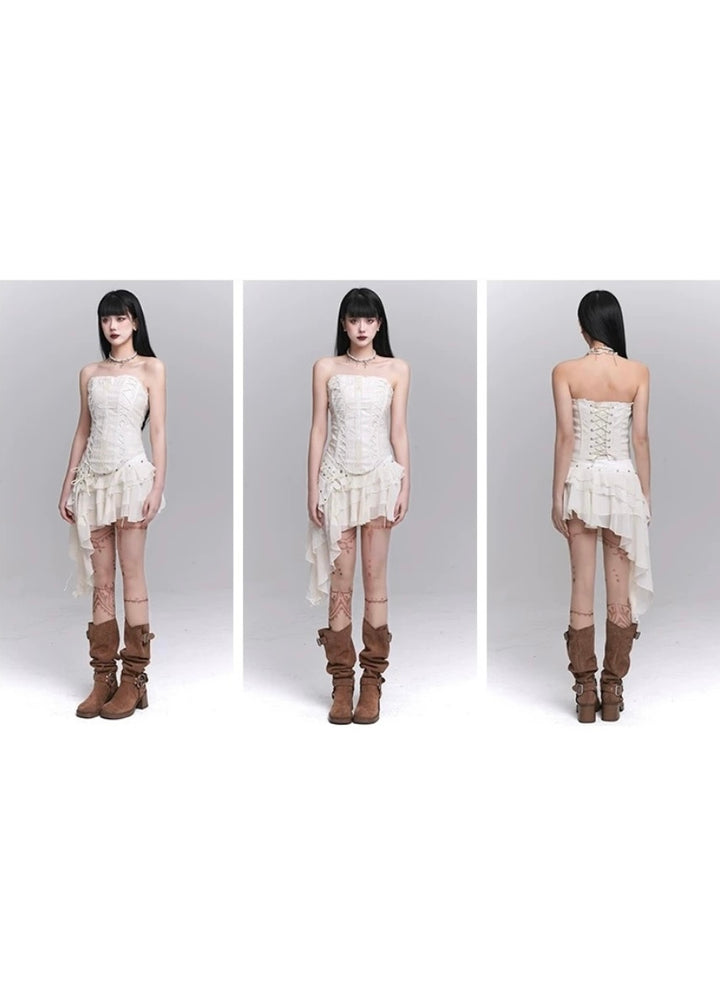 white cross tube top &amp; lace irregular skirt / LG1240