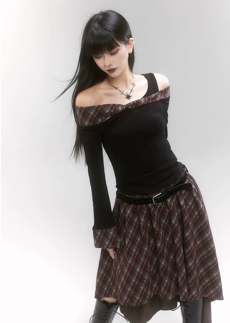 off shoulder check top ＆ unbalanced check skirt / LG1189