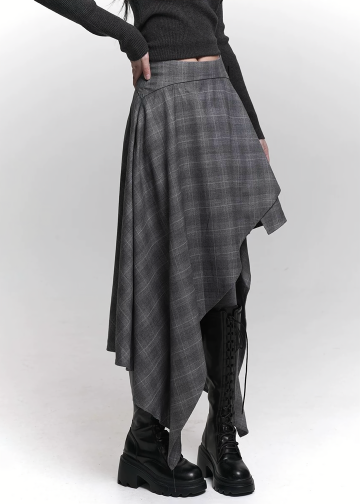 ASYMMETRIC SHADOW CHECK SKIRT / LG1470