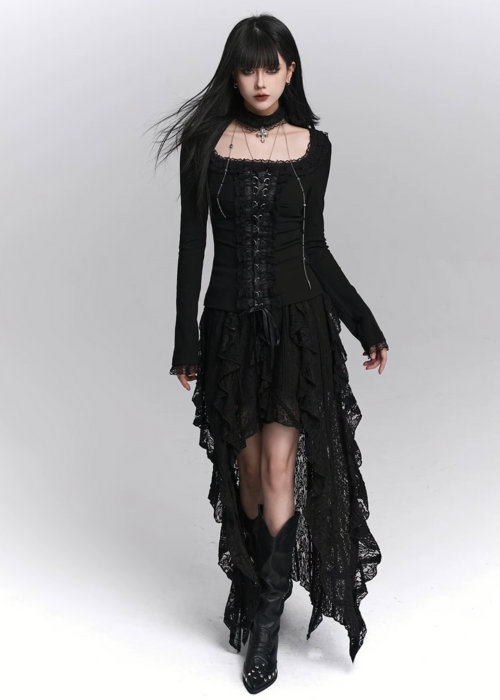 GOTHIC LACE ASYMMETRY DRESS SET