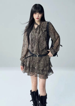 LEOPARD BOW TIERED MINI DRESS / LG1719
