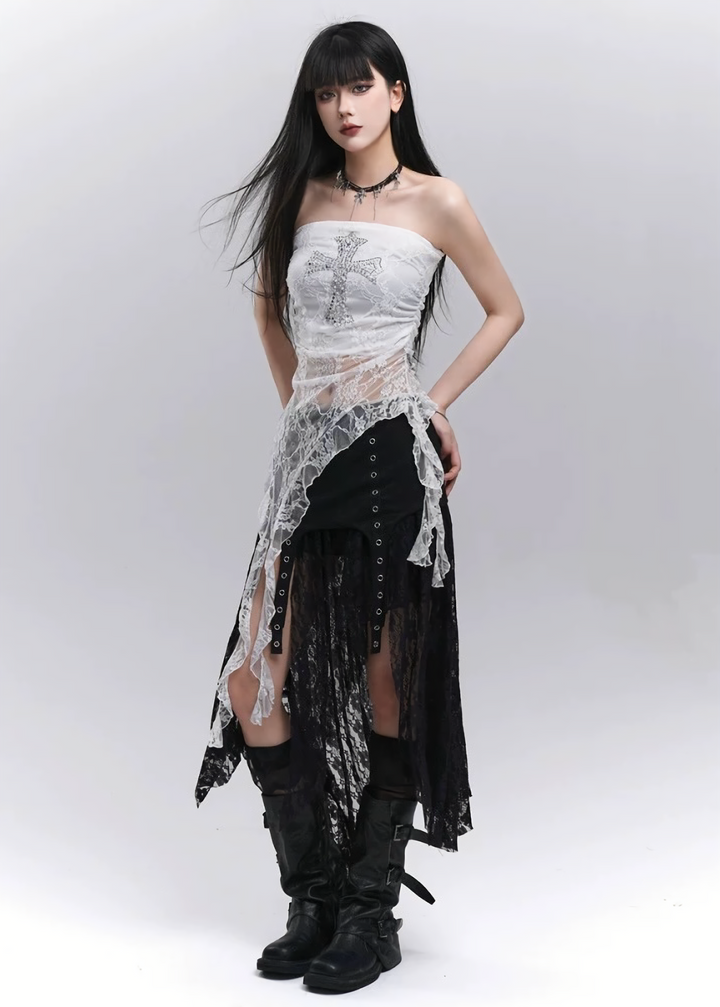 Sequin Cross Lace Tube Top / LG1280