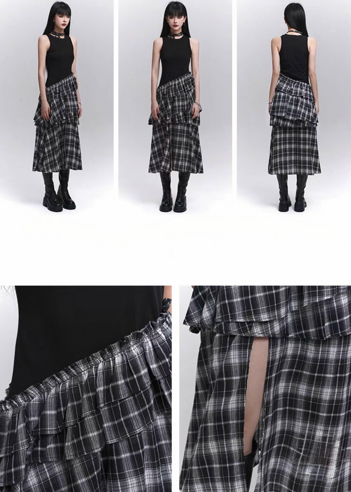 GOTHIC ASYMMETRY CHECK DRESS / LG1283