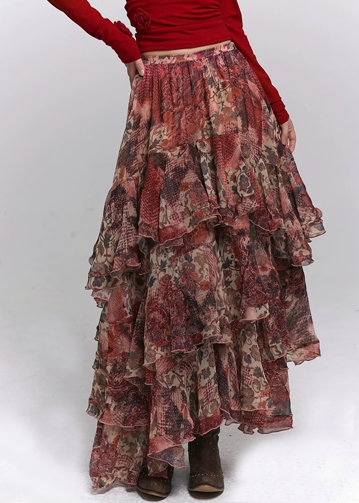 RED FLORAL TIERED LONG SKIRT / LG1501