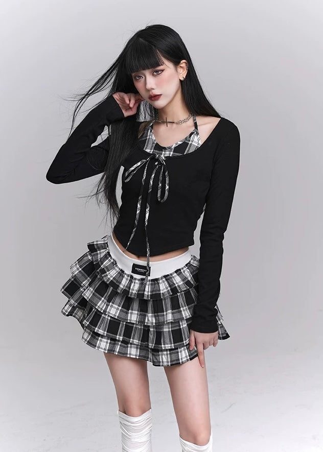 Checkered Tiered Mini Skirt Set / LG1221 