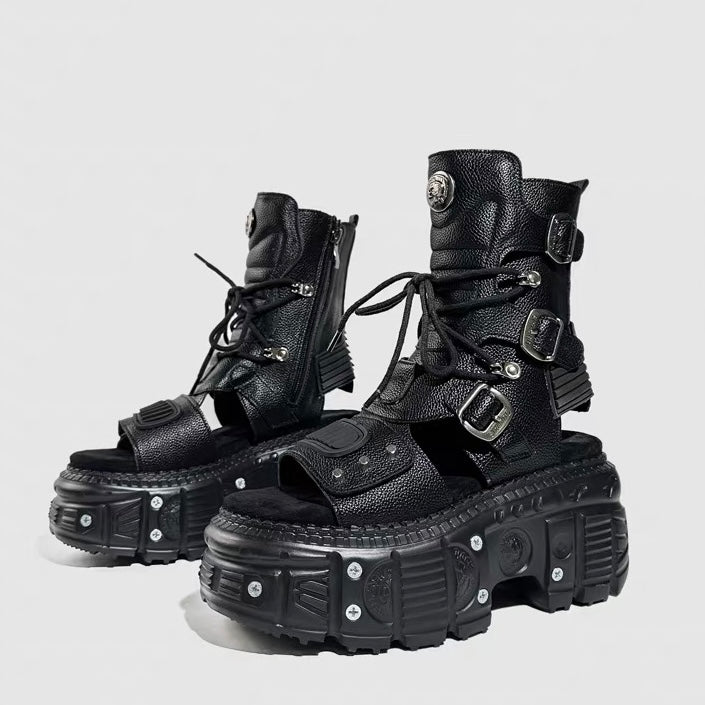 DARK TECH BUCKLE PLATFORM SANDAL BOOTS / V1174