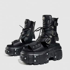 DARK TECH BUCKLE PLATFORM SANDAL BOOTS / V1174