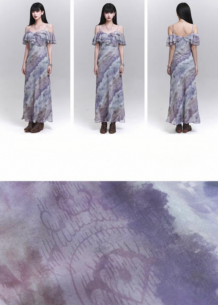 Sheer drape gathered purple dress / lg1316 
