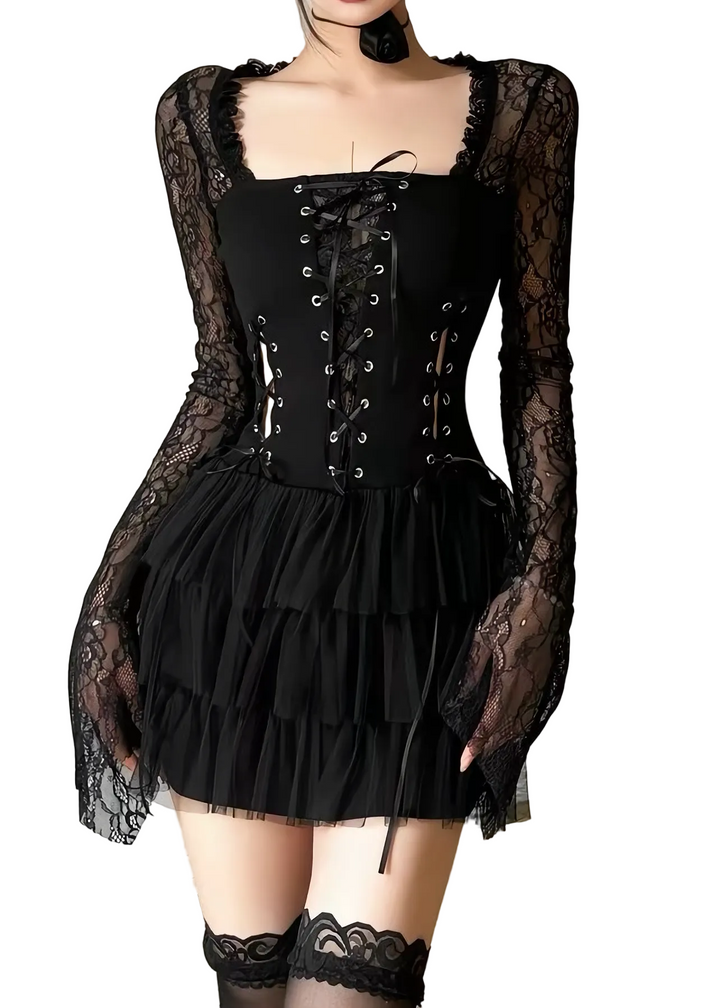 GOTHIC LACE-UP TULLE MINI DRESS / LG1634
