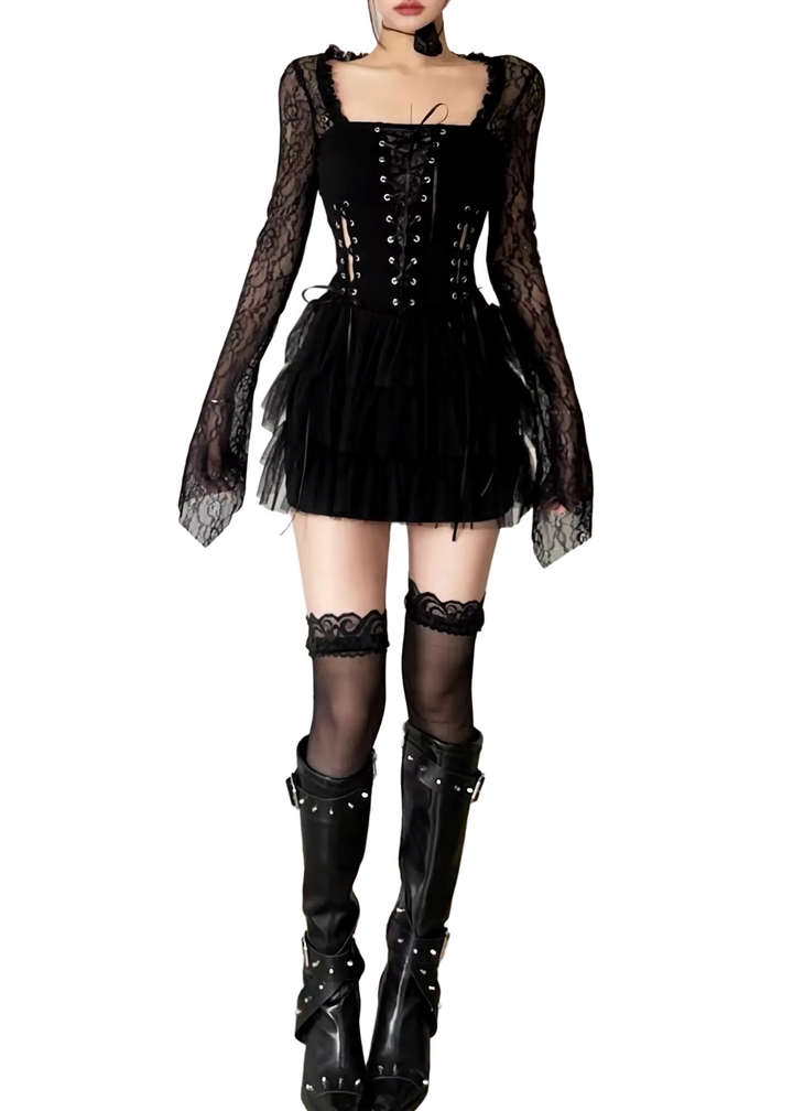 GOTHIC LACE-UP TULLE MINI DRESS / LG1634