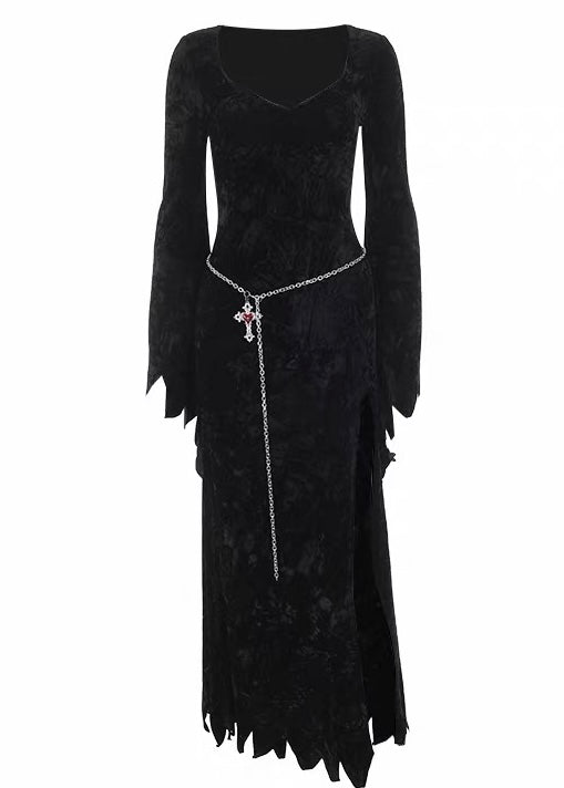 VELVET BELL SLEEVE SLIT LONG DRESS / LG1730