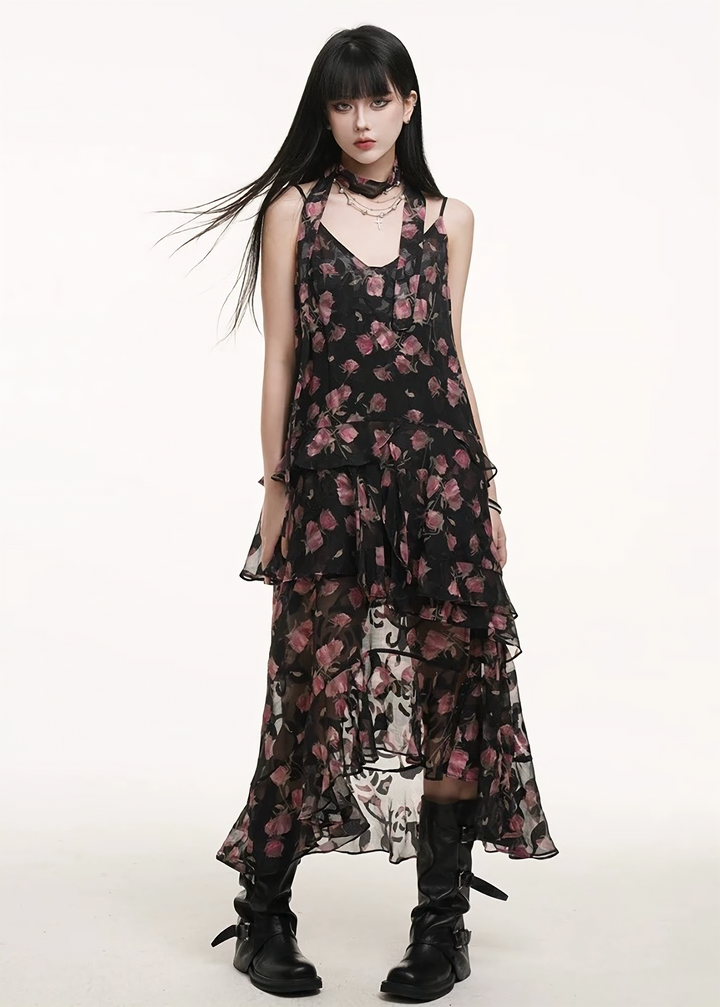 Rose print sheer cami dress / lg1262 