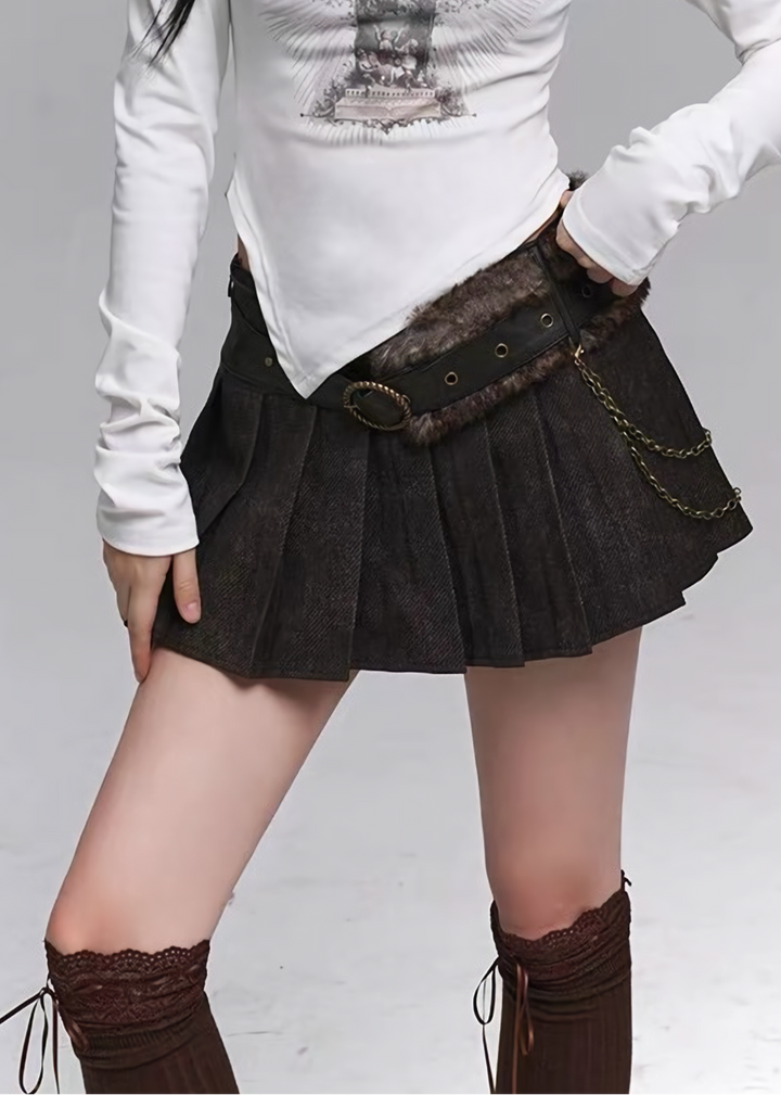 CHAIN BELT PLEATED MINI SKIRT / lg1333