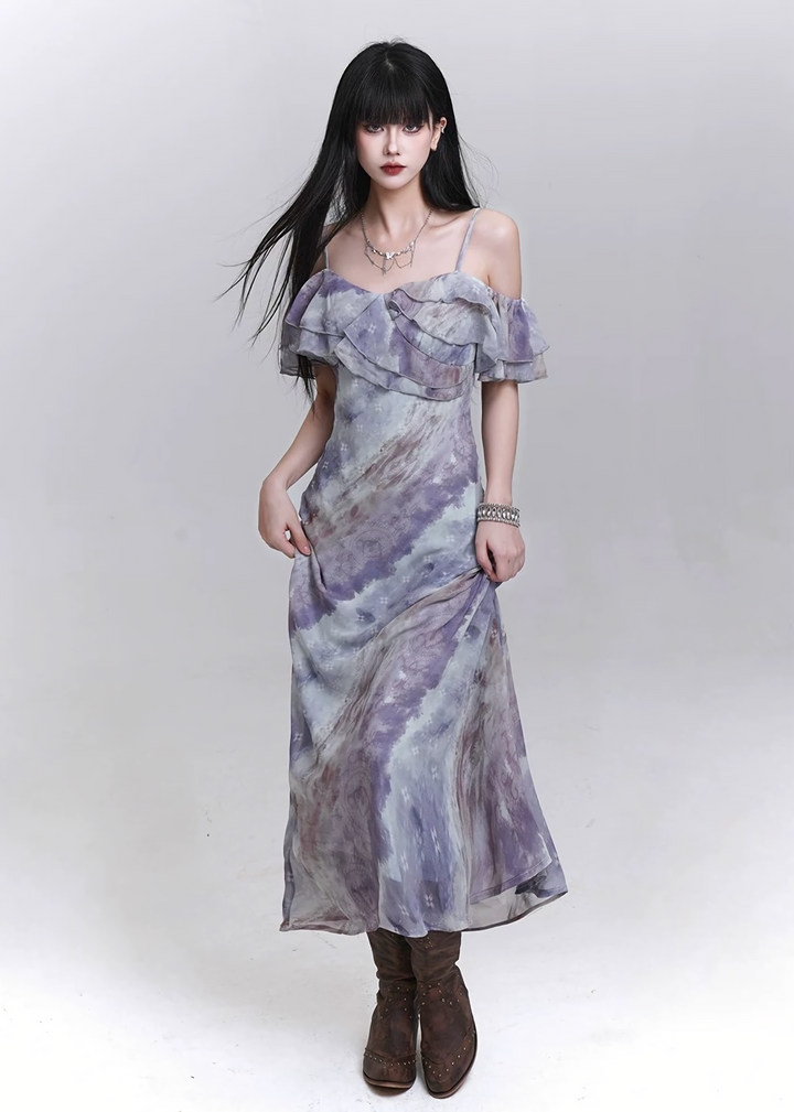 Sheer drape gathered purple dress / lg1316 