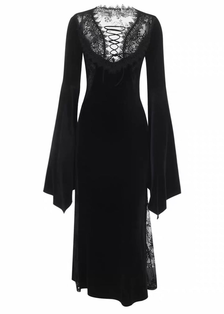 VELVET LACE-UP LACE PANEL LONG DRESS / LG1729