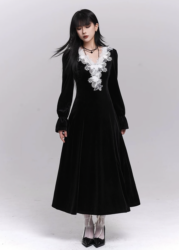 VELVET LACE V-NECK LONG DRESS / LG1505