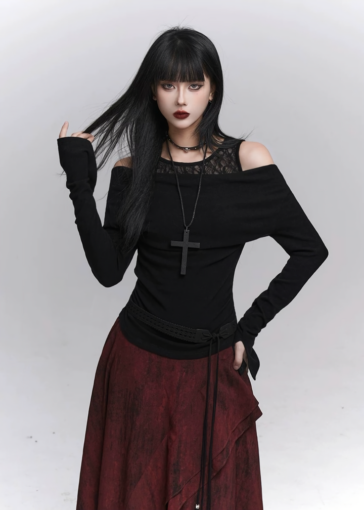 Lace veil off-the-shoulder gothic top / lg1341
