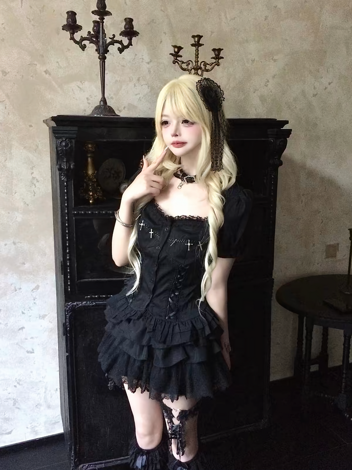 GOTHIC CROSS LACE-UP PEPLUM TOP / LG1671