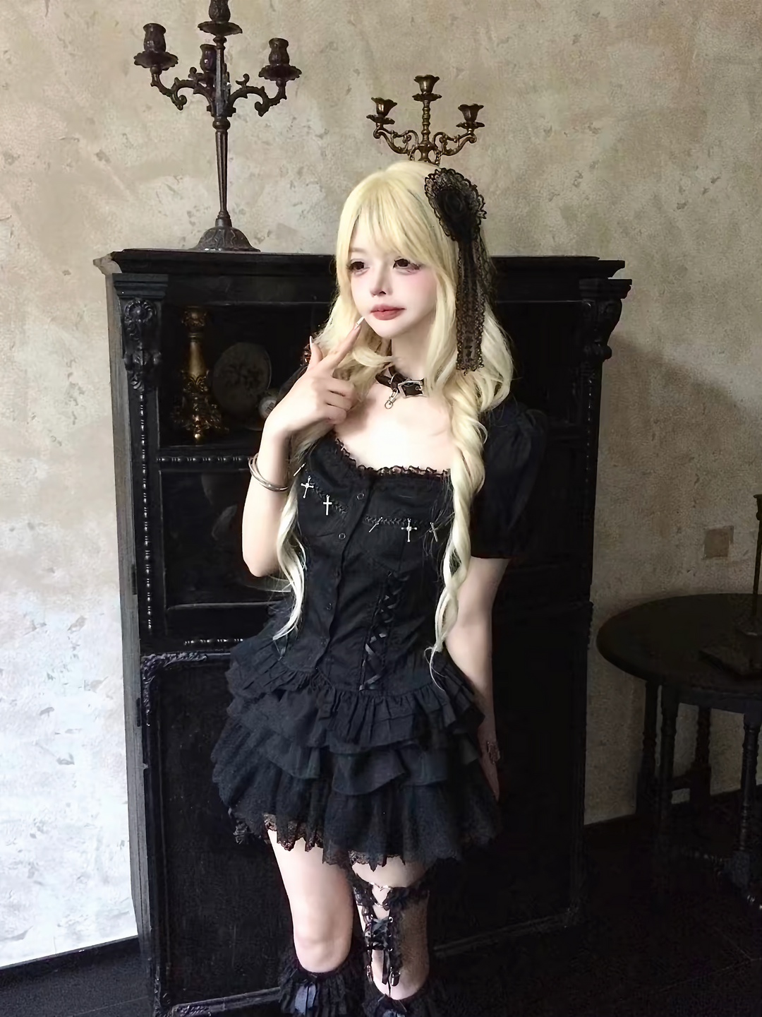 GOTHIC CROSS LACE-UP PEPLUM TOP / LG1671