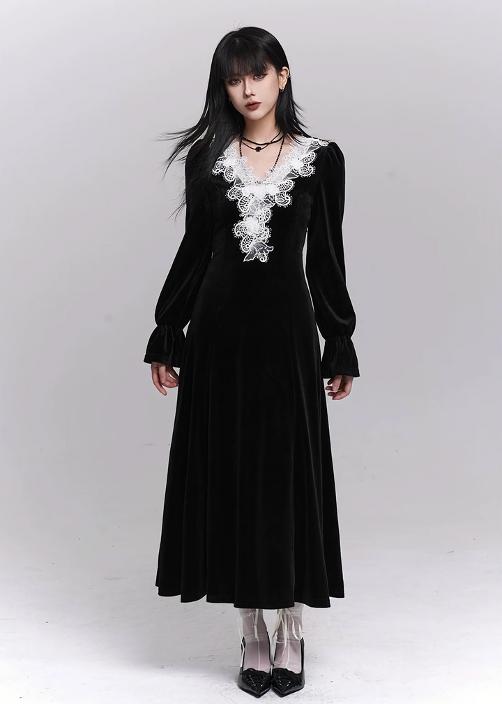 VELVET LACE V-NECK LONG DRESS / LG1505
