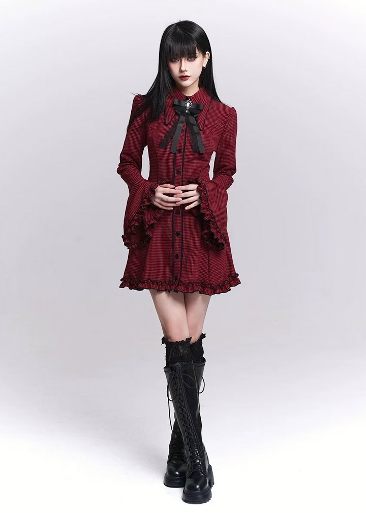 Flare Sleeve Check Shirt Dress / LG1518