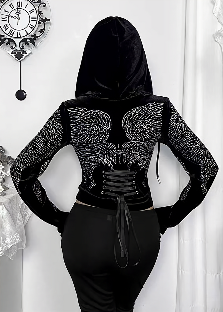 DARK RHINESTONE WING HOODED JACKET / LG1673