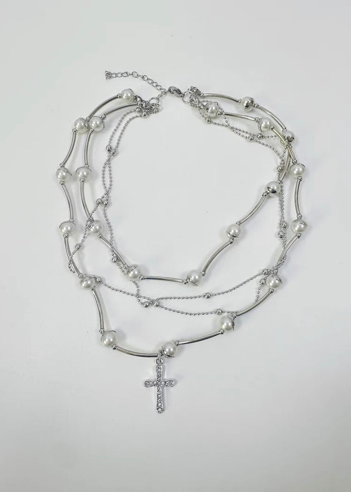 French Pearl Cross Chain Necklace / a1115