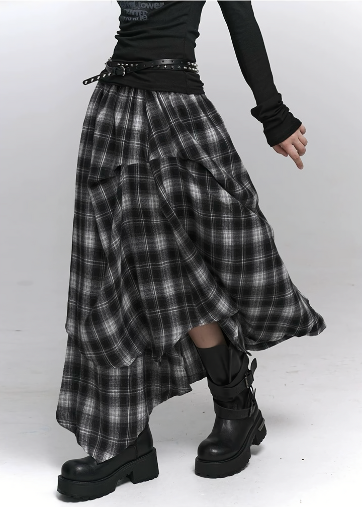 Asymmetry Check Maxi Skirt / lg1371