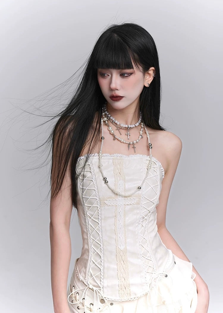 white cross tube top & lace irregular skirt / LG1240