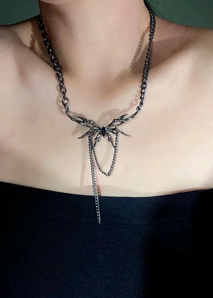 Butterfly tassel chain necklace / a1116