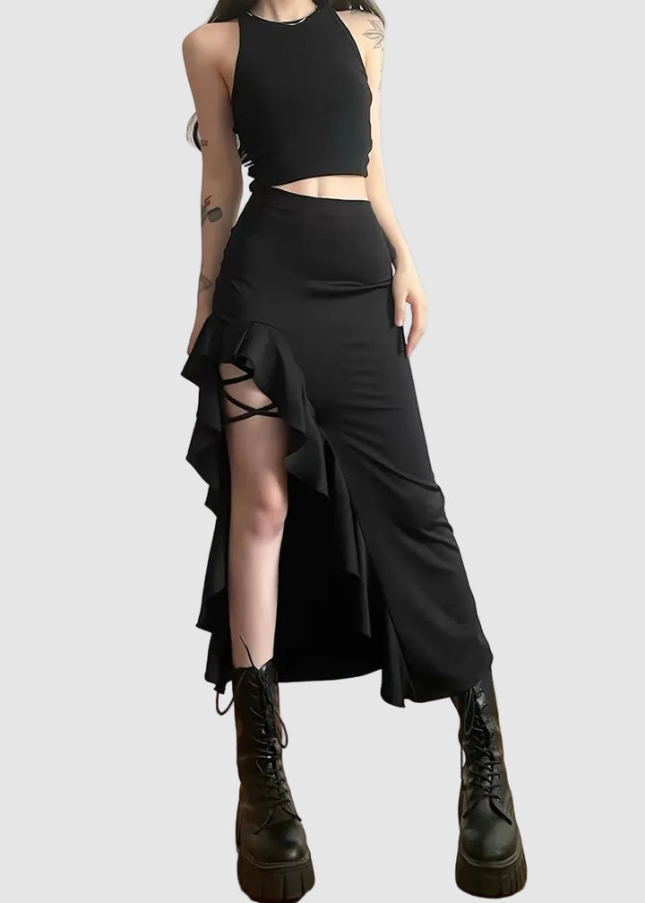 DARK LACE-UP RUFFLE SKIRT / LG1657