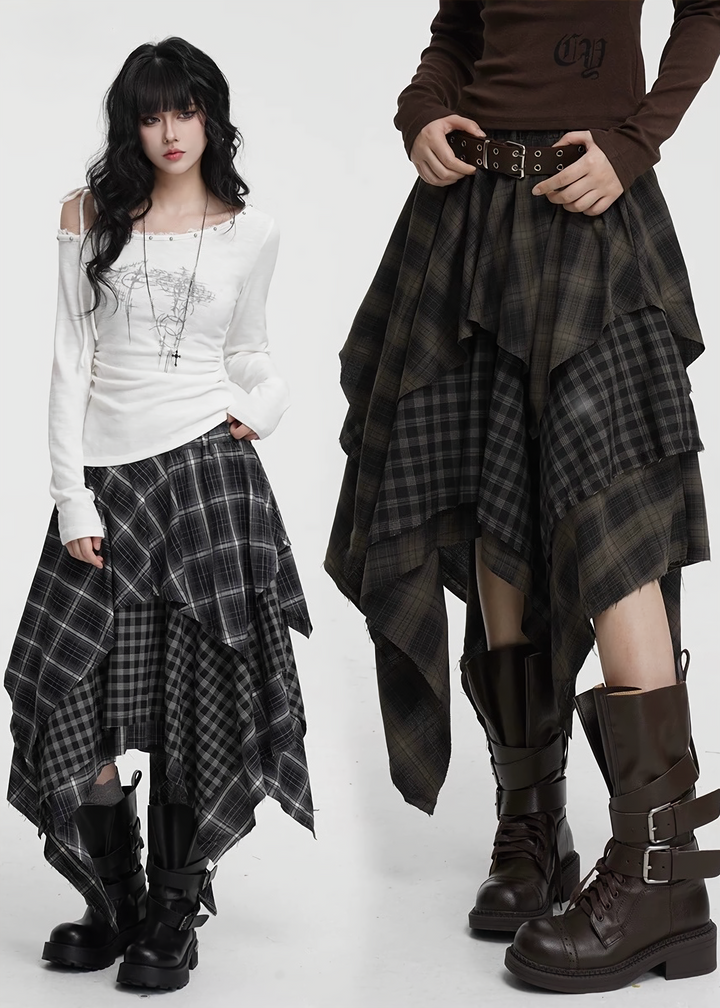 ASYMMETRIC CHECK DRAPE SKIRT / LG1424