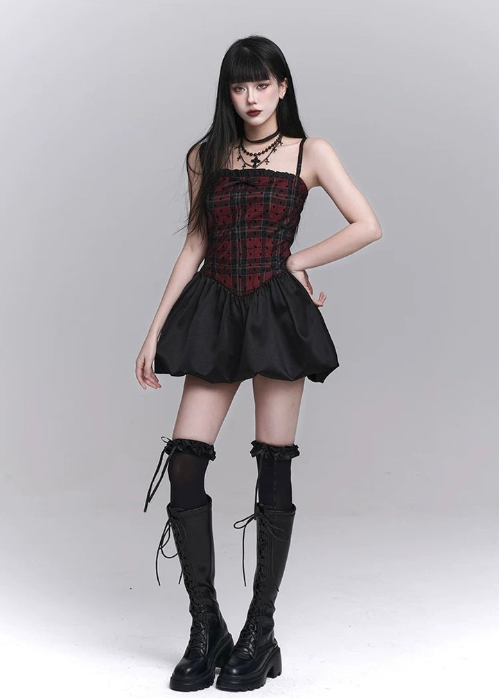 checkered suspender short dress / LG1246