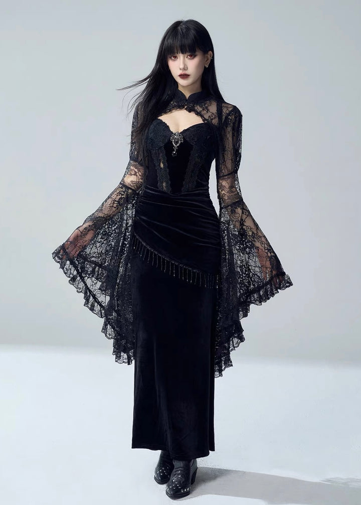 VELVET LACE DRAPE DRESS / LACE BELL SLEEVE BOLERO / LG1731