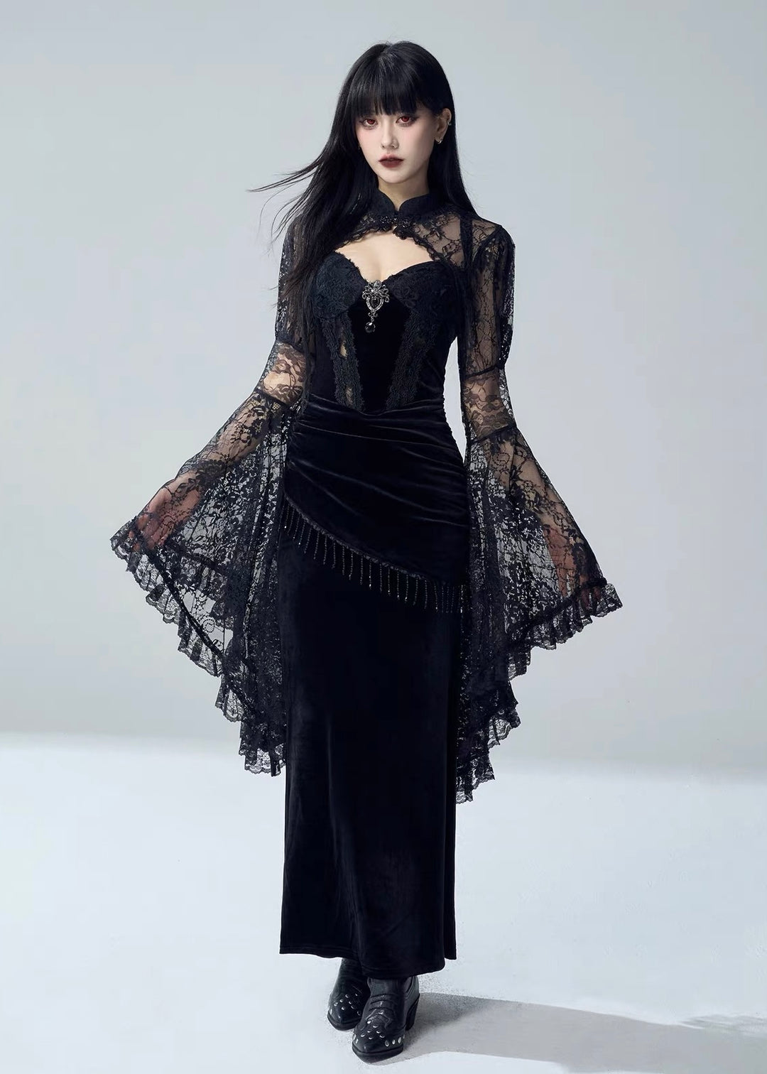 VELVET LACE DRAPE DRESS / LACE BELL SLEEVE BOLERO / LG1731
