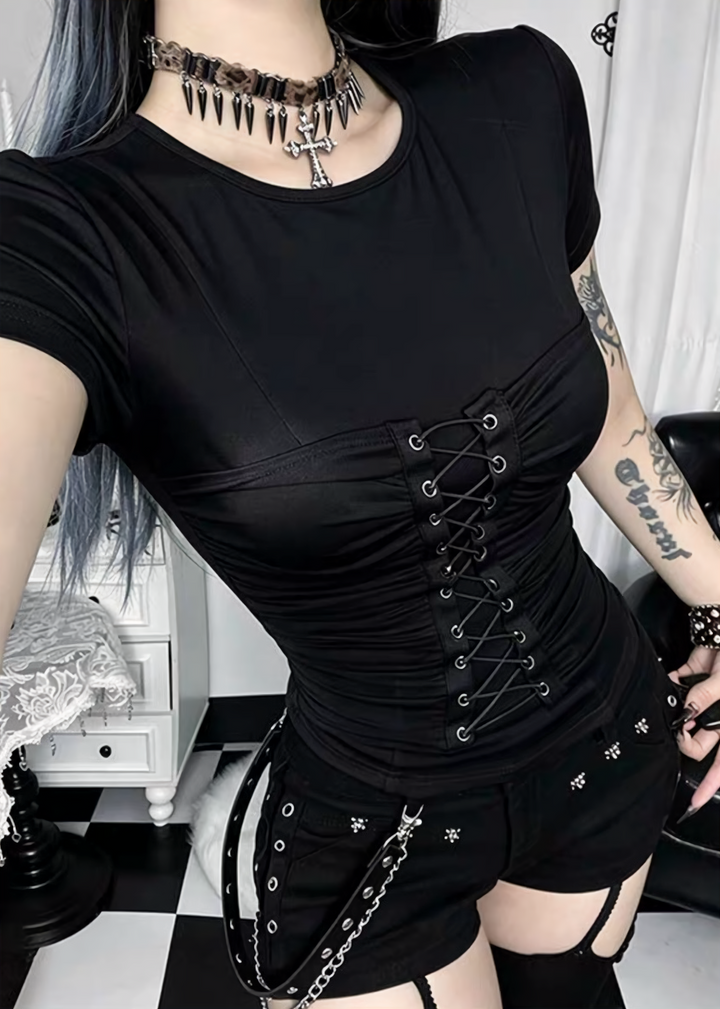 DARK CORSET LACE-UP RUCHED TOP / LG1687