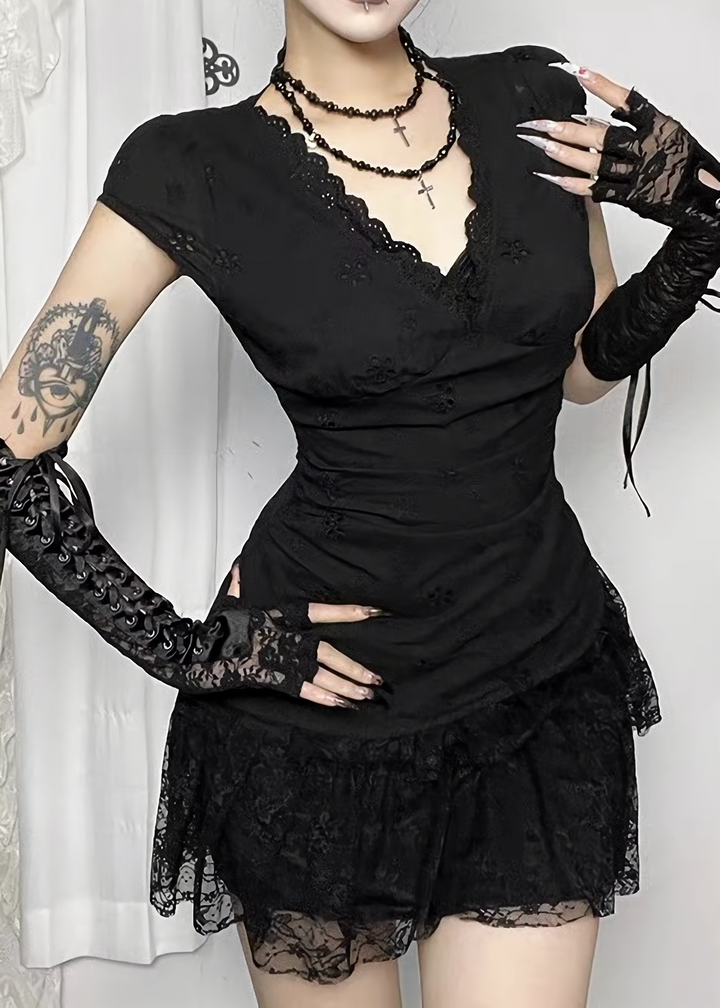 DARK LACE V-NECK MINI ONEPIECE / LG1691