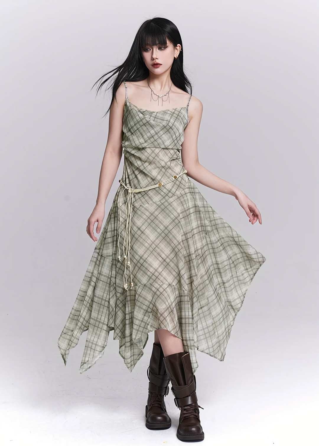 PLAID DRAPE IRREGULAR DRESS / LG1545