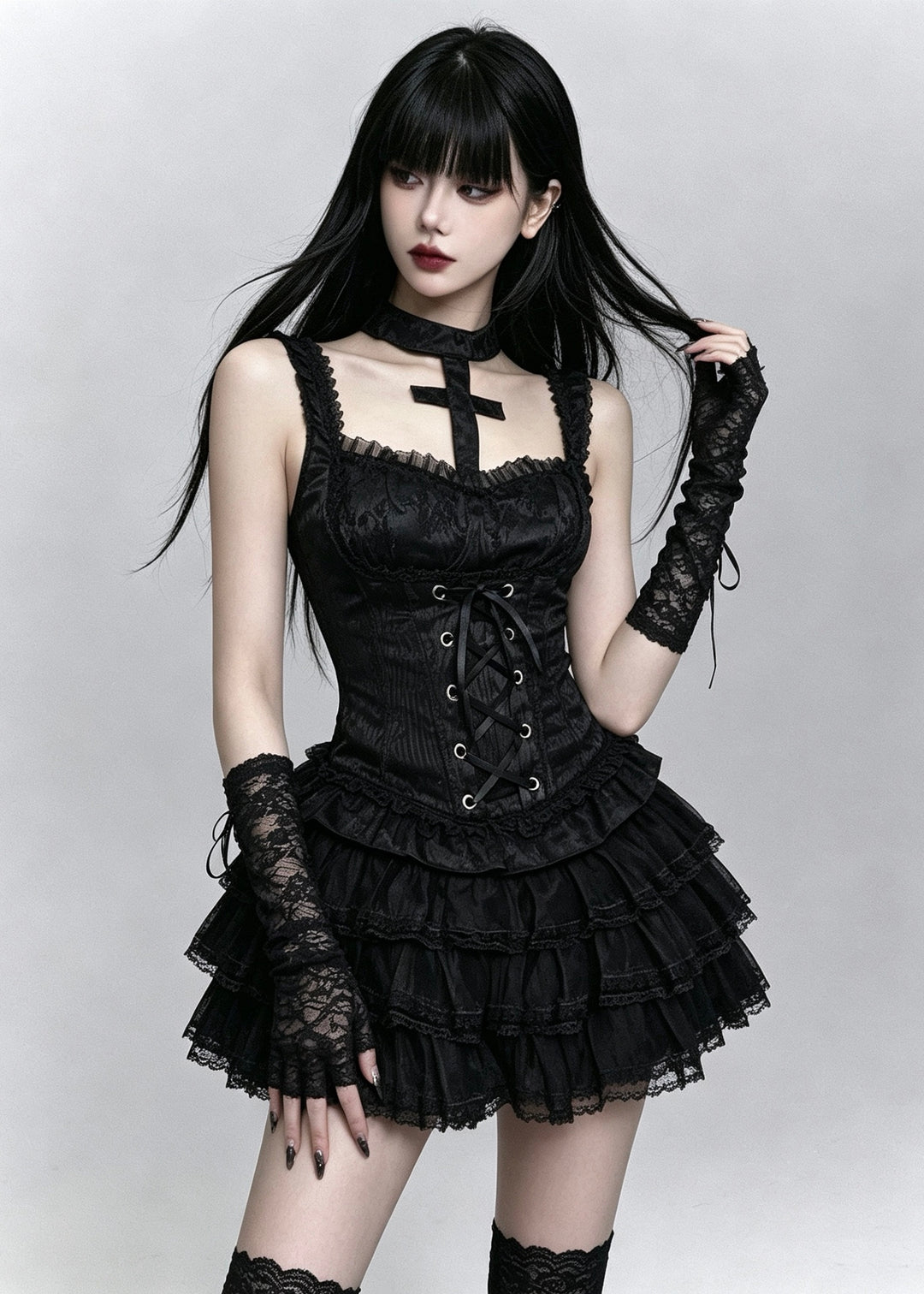 GOTHIC LACE-UP TOP &amp; RUFFLE MINI SKIRT / LG1693