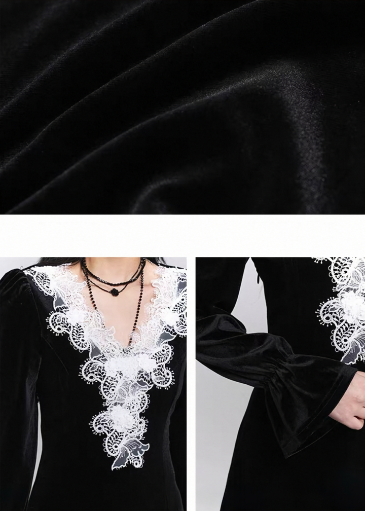 VELVET LACE V-NECK LONG DRESS / LG1505