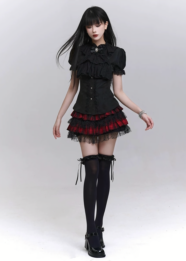 Lace-trimmed puff sleeve shirt / LG1301 