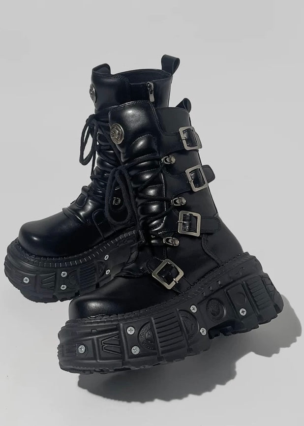 Black platform lace-up short boots / V1104