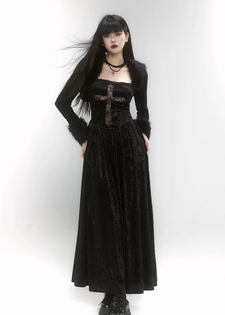 [Same day delivery] gothic cross dress &amp; short fur jacket / LG1185 