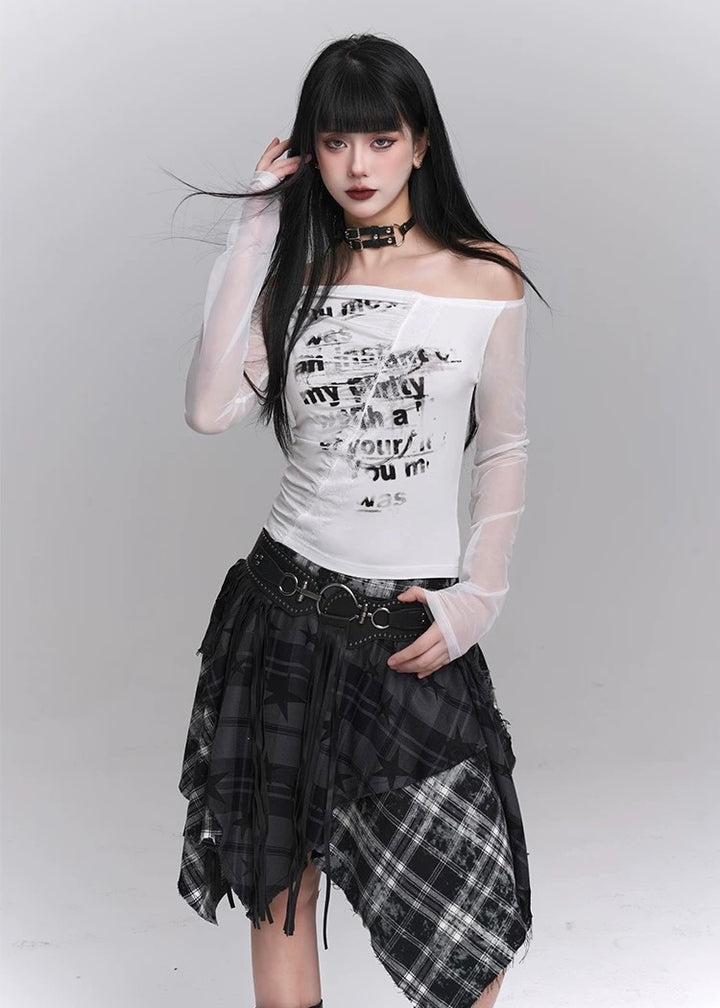 Print Off-shoulder Splicing Mesh Long-sleeved T-shirt / LG1219