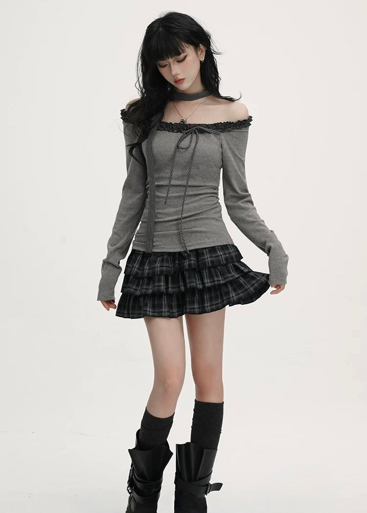 Dark Check Tiered Mini Skirt / lg1375